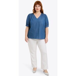NWT Draper James Women’s Blue Puff Short Sleeve VNeck Blouse